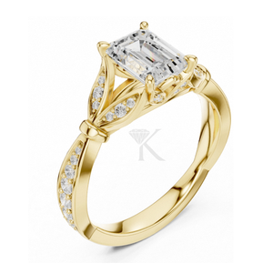 Anillo de compromiso con corte esmeralda en oro amarillo, diseño de hoja inspirado en la naturaleza, anillo de diamantes estilo vintage con tallo dividido, anillo de promesa elegante - Product Image 1