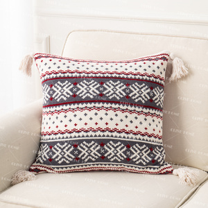 Xmas Throw <strong>Pillow</strong> Cover 20"x20" Knitted <strong>Snowflake</strong> Reverse Red &amp; White Cushion Cover with Tassels for Couch/Bedroom Decor - Product Image 3