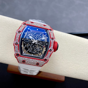 Men's Red Carbon Fiber <b>Skeleton</b> <b>Automatic</b> Mechanical <b>Watch</b>, Tonneau-Shaped Diamond and Sapphire Crystal <b>Watch</b>, Hip Hop Style - Product Image 4