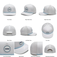 Casquette de baseball perforée au laser avec patch en caoutchouc rond, casquette de golf de performance à 5 panneaux blanche personnalisée OEM du fabricant de casquettes