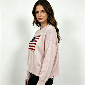 Pull rose à col rond et manches longues en tricot, ourlet déchiré, style décontracté - Product Image 2