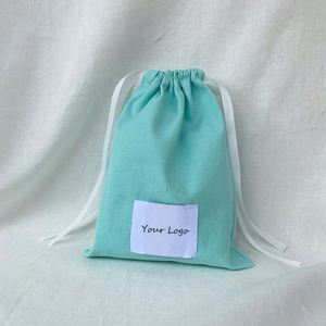 Low MOQ 100% Organic Cotton <b>Drawstring</b> <b>Pouch</b> Green Color Cotton Dust <b>Pouch</b> Bag With Silk Ribbon - Product Image 2