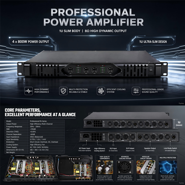 Professional 1U 2/4-Channel 3200W Ultra-Slim Digital High Power Amplifier with Multi Protection Stable High-Fidelity Output