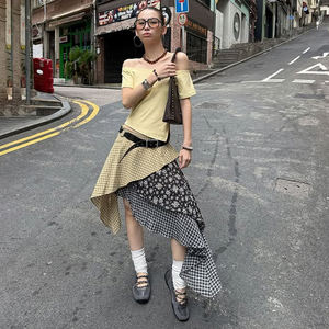 Falda Maxi de Mujer Estilo Grunge Urbano, Diseño Irregular a Cuadros Florales, Corte Ajustado, Bloques de Color, Cintura Natural, Estilo Vintage para Vacaciones - Product Image 2