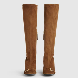 High Chunky Heels Square Toe Shoes Metal Buckles Suede Side Zipper <b>Boots</b> Women's Retro Style Knee High Booties - Product Image 2