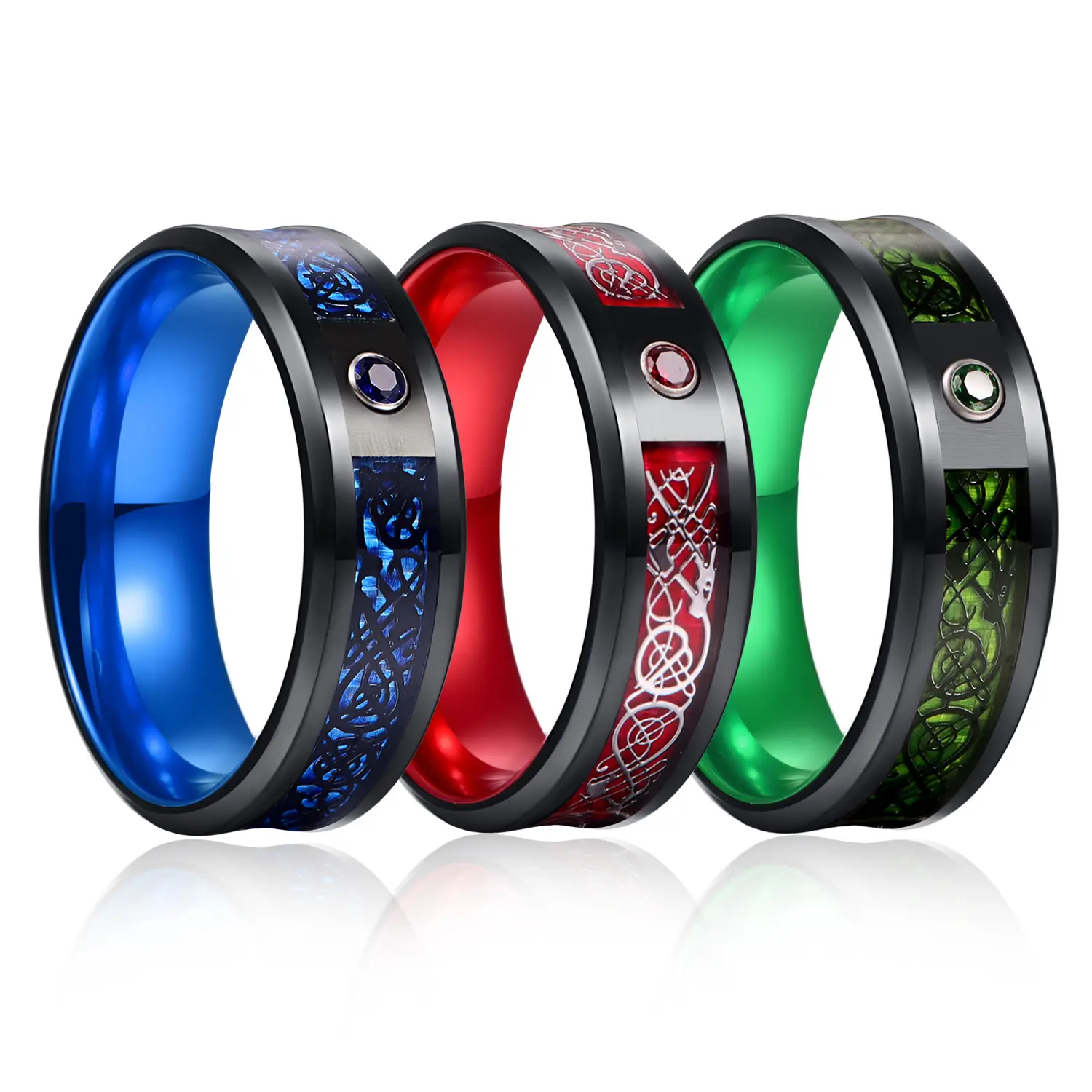 Anel de tungstênio para homens, anel de tungstênio para casamento, com dragão celtico, vermelho, verde, azul, de fibra de carbono, tungstênio
