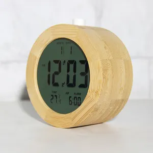 EMAF Reloj Despertador de Escritorio con Pantalla Grande, Pantalla LCD Digital con Marco de Bambú Real