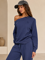 Survêtements en molleton de coton de haute qualité personnalisés pour femmes, ensemble sweat-shirt et pantalon surdimensionné à une épaule brodé, grammage lourd