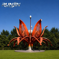 Sculpture abstraite de fleur de lotus en acier thermolaqué, art métallique, dégradé orange, LED, statue de repère de parc, fabrication sur mesure