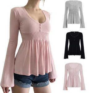 Camiseta de Manga Larga con Botones para Estudiantes Jóvenes, Color Sólido, Ribete de Encaje, Cuello en V, Ajuste Holgado, Talla Grande, Informal, Anti-UV, Transpirable - Product Image 1