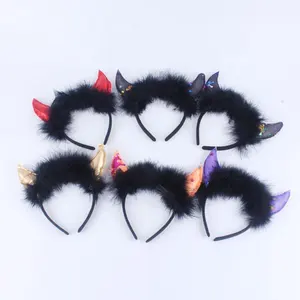 Halloween Fashion Hair Accessories Devil Horns Hair Hoop Black Feather Hairbands Used for Party Decoration