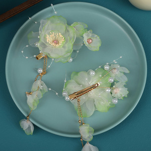New original design, handmade antique style hair accessory for children, green gradient silk flower tassel hair <b>clip</b>, Hanfu - Product Image 3