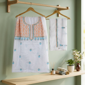 Handmade Women's <b>Chikankari</b> Cotton <b>Suit</b> with Sky Blue and Orange Embroidery Premium Set - Product Image 3