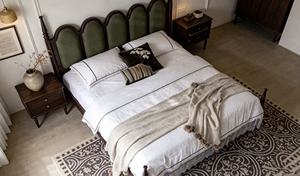 Premium Queen Size Dark Wood Spindle <b>Bed</b> With Green Velvet Five Panel Upholstered Headboard For Bedroom - Product Image 5
