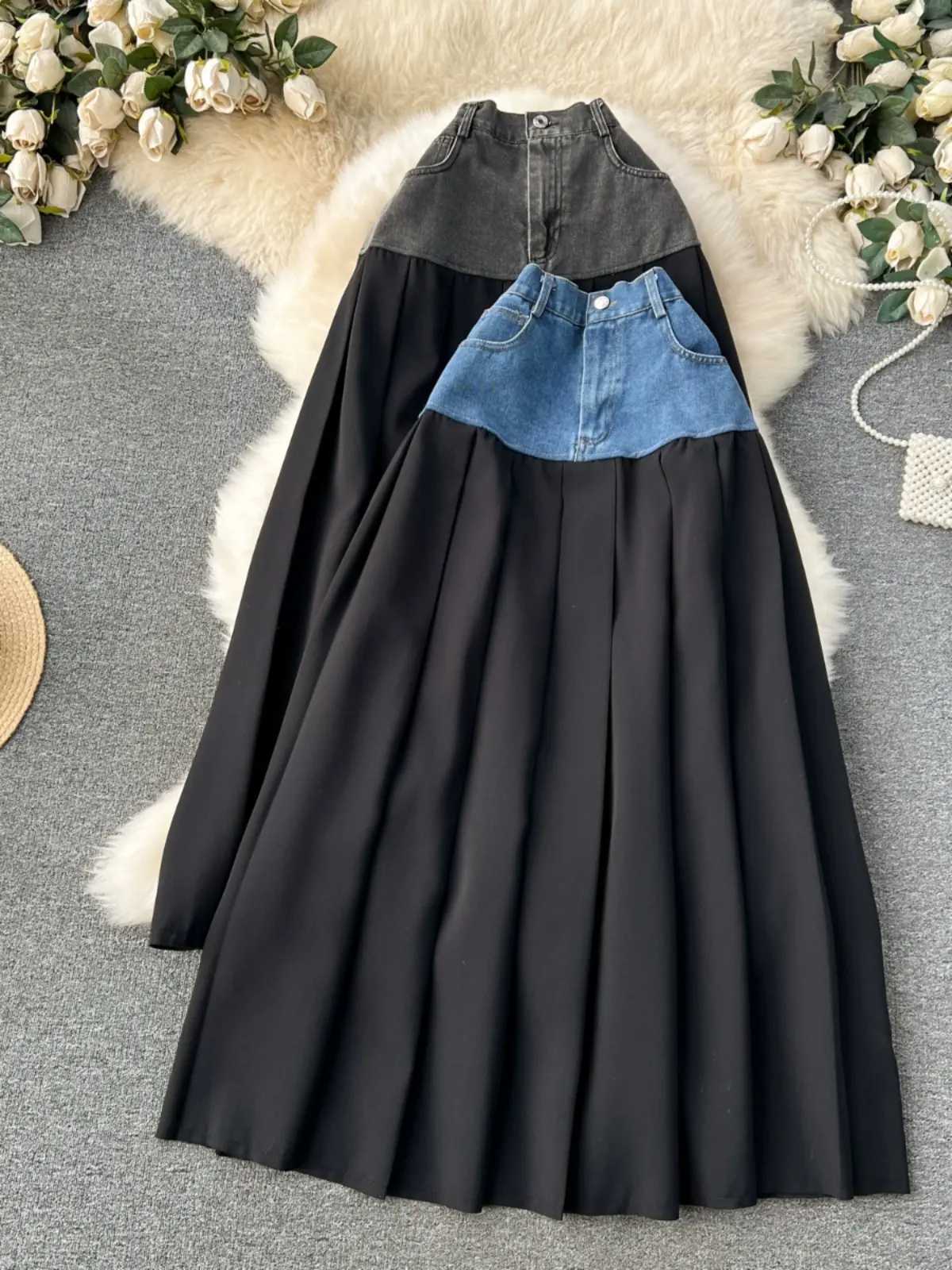 Wholesale 2024 Spring New Denim Patchwork Long Pleated Skirt with High Waist and Slim A-line Skirt for Women's Skirts