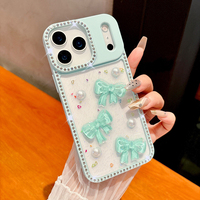 Coque en résine scintillante effet diamant avec nœud 3D et bordure perlée brillante pour iPhone 14 15 16 17 Pro Max Air