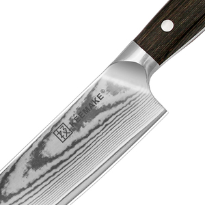 Couteau Santoku KEEMAKE 7 pouces en acier Damas, motif sable fluide, ultra-affûté, ambidextre, écologique, finition brossée, manche en bois Pakka - Product Image 3