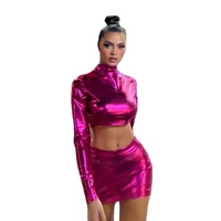 Zweiteiliger PU-Leder-Hochglanz-Temperament-Metallic-Farbe für Damen Sexy Cool Tight Fitting Suit Rock