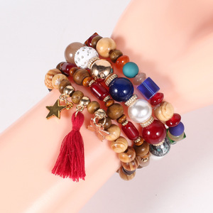 <b>Beaded</b> <b>Bracelets</b> Women's Wood Imitation Pearl Bohemia Style Multi Layer With Tassel Star Butterfly Charm Gift Jewelry - Product Image 4