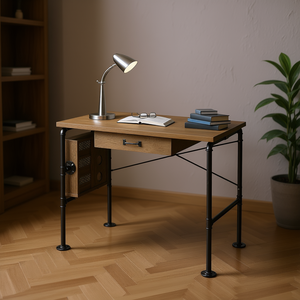 Scrivania in rovere anticato con 1 cassetto e struttura in metallo, scrivania per computer, mobili per ufficio domestico - Product Image 2