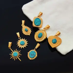 Lucky Sun Healing Nature Stone Pendants Jewelry Charms Gold Stainless Steel Heart Blue Turquoise Pendant For DIY Necklace Making