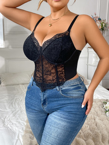 Ensemble soutien-gorge sexy en dentelle grande taille, camisole et corset, avec armatures et baleines, respirant, bretelles réglables, haut sculptant ajusté pour femme - Product Image 3