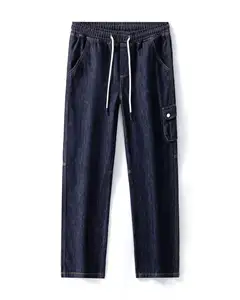 पुरुषों की बेसिक कलर मल्टी-पॉकेट कार्गो जींस लूज कैजुअल स्ट्रेट लेग डेनिम पैंट धुली हुई मध्य-कमर ड्रॉस्ट्रिंग कॉटन