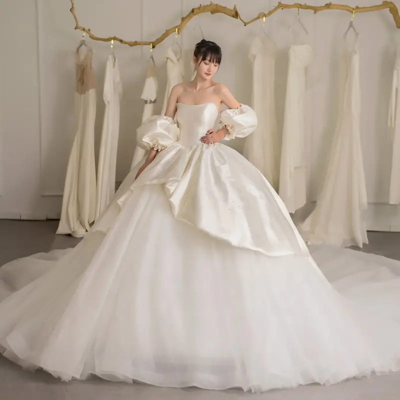 Ruolai gaun pengantin ZD05001, gaun aula dansa rumbai pita gaya mutiara sederhana Modern untuk pengantin