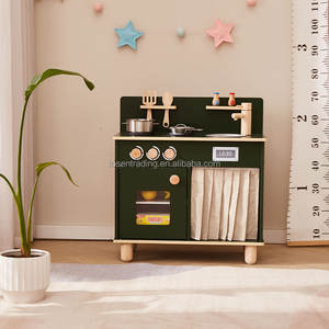 Cuisine de jeu d'intérieur en bois vintage pour tout-petits avec rideau en tissu, cuisinière, évier et affichage de l'horloge, ensemble de cuisine d'imitation haut de gamme - Product Image 2