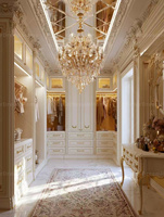 Système de dressing sur mesure en verre blanc avec armoire intégrée, meuble de maquillage sculpté en or, mobilier de dressing de luxe pour villa