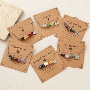 Braccialetto con ciondolo <span class=keywords><strong>zodiacale</strong></span> in pietra naturale e chip di pietra portafortuna in acciaio inossidabile, con biglietto regalo, all'ingrosso - Product Image 3