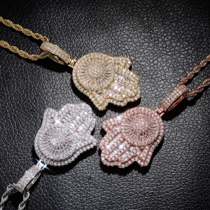 Collar de Metal Dorado, Plateado y Rosado para Hombre, Colgante de Mano Hamsa con Circonita Cúbica Baguette, Estilo Iced Out con Cadena de Cuerda, Joyería Hip Hop - Product Image 3