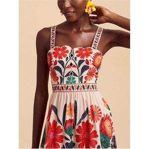 Robe longue élégante pour femme, style bohème, imprimé floral, sans manches, coupe trapèze, bretelles spaghetti, taille élastique, respirante, tissée - Product Image 5