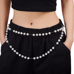Chaîne de pantalon pour femme style européen et américain, 12 mm, noire et blanche, perlée scintillante, chaîne de corps Hip Hop pour soirée, en alliage de zinc, double anneau - Product Image 2