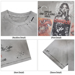 Camisetas de Corte Cuadrado para Hombre, 300 g/m², 100% Algodón, Estampado Gráfico con Pedrería, Estilo Desgastado, Streetwear, Lavado Ácido, Estilo <span class=keywords><strong>Grunge</strong></span> - Product Image 4