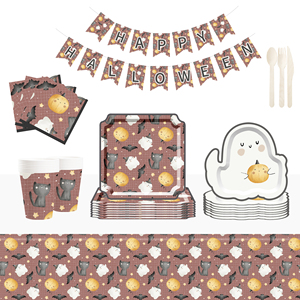 DAMAI Halloween Theme Ghost and Pumpkin Brown Color Tableware Sets with Disposable Paper Dessert Plate Party Tableware Kits - Product Image 1