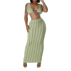 Conjunto de 2 piezas de moda para mujer: Top sin mangas con encaje de vaca y espalda descubierta con lazo y falda halter - Product Image 2