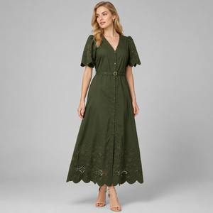 <span class=keywords><strong>Abito</strong></span> <span class=keywords><strong>Midi</strong></span> da Donna 100% Cotone <span class=keywords><strong>Verde</strong></span> Militare con Scollo a V, Maniche a Sbuffo, Bottoni, Linea ad A, Tinta Unita, Casual Estivo con Cintura - Product Image 2