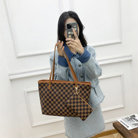 Fashion tas tote kulit PU wanita pola kotak-kotak, tas tangan kapasitas besar, tahan air, set 2 buah