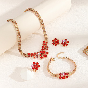 Europe and the United States cross-border <b>hot</b> hollow <b>red</b> rhinestone earrings chain necklace ring jewelry set ladies jewelry set - Product Image 3