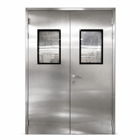Porte coupe-feu double battant en acier gris argenté avec fenêtres de vision et ferme-porte automatique pour projets commerciaux et supermarchés intérieurs