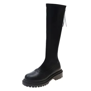 Wholesale Winter Fashion Women Black Lace Up Knee-High Boots Leather Female Boots For Women
