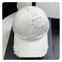 Gorra de Béisbol con Perlas y Flores Estilo Coreano para Mujer, Gorra con Visera Curva y Pedrería, Protección Solar Casual para Todas las Estaciones