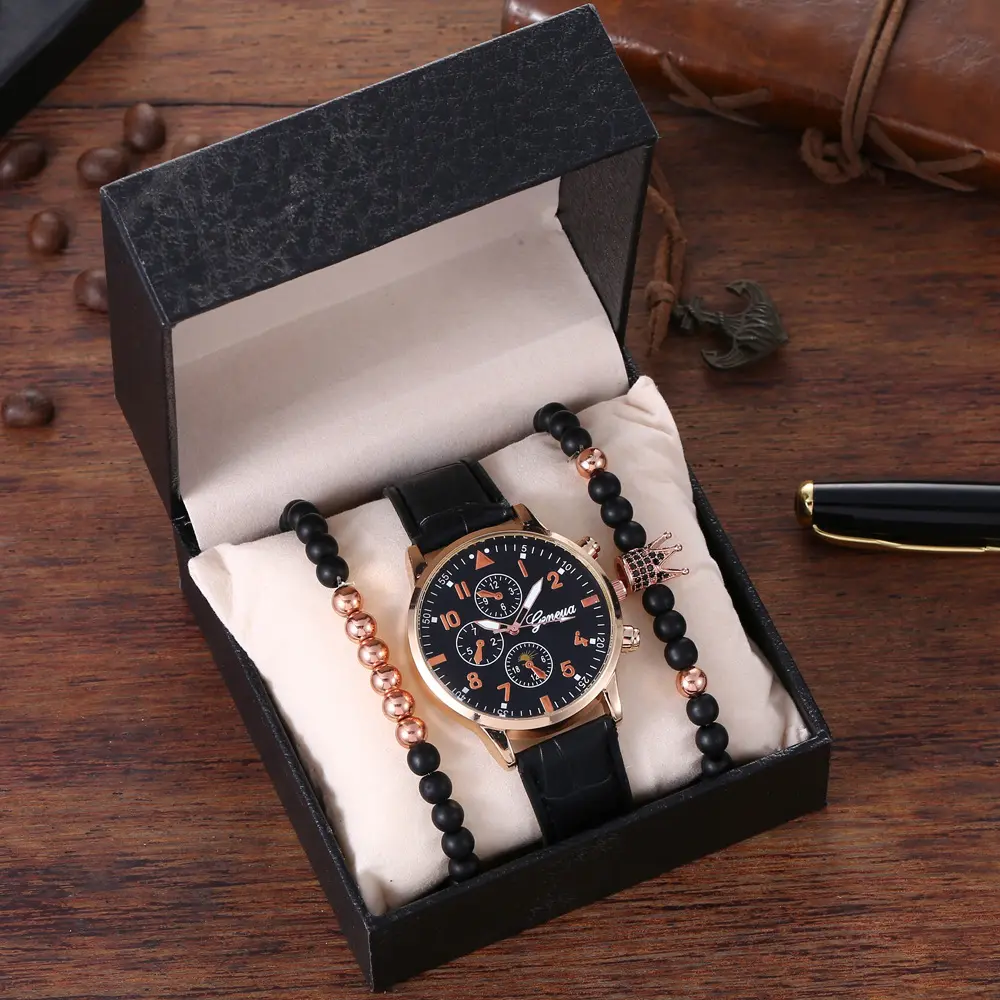 2 pz/set nero corona perline braccialetto orologio da uomo elettronica da polso Mens orologio al quarzo 2020 regali di lusso
