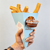 Custom Logo Printed Churros Paper Cones With Sauce Holder Food Packaging Paper Cone for Churros Snack Cup for Bakery Street Food
