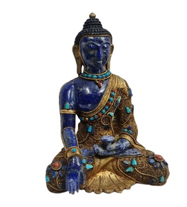Lapis Lazuli Handcrafted Brass <b>Gold</b> Filigree Buddha <b>Statue</b> Sculpture Handmade Home Decor India Rudra Gems Brand Casting - Product Image 1