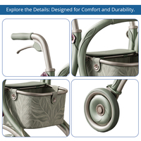 Novo Design de Andador em Fibra de Carbono para Idosos, Design Floral Verde Sálvia, Leve, 6kg, Dobrável, Uso Interno e Externo, Certificado CE