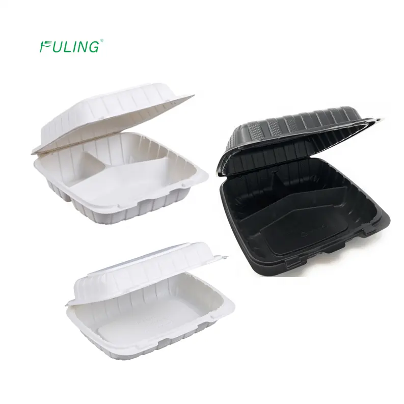 Caja de plástico con bisagras para alimentos, bandeja de comida bento con tapa, rectangular, dividida, 3 compartimentos, 993, 963