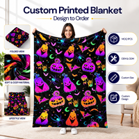 Nouvelle Tendance Couverture Polaire en Polyester Néon Halloween Horreur Citrouille et Chauve-souris Violettes pour Chambre, Canapé, Fête, Décoration Intérieure, Cadeau