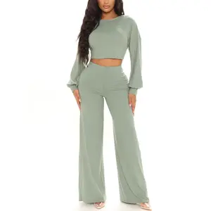 Hot sale Custom logo womens ribbed two piece set crop top back hollow pleated wide leg pant casual set plus size women clothing